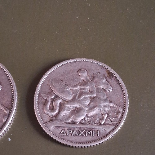 Greek Silver Coins 1911 King George I 1 & 2 Drachmas used
