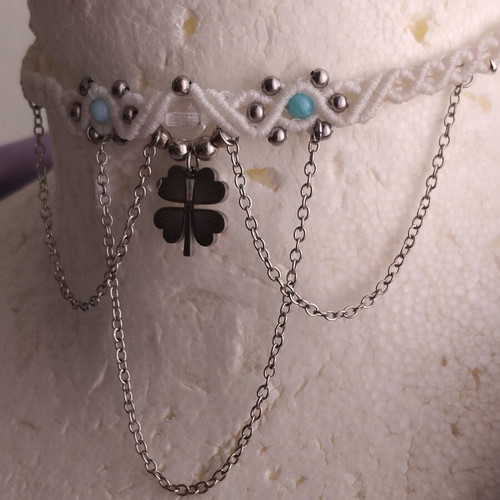 Handmade choker with steel elements, new, 32-37cm, white and silver
