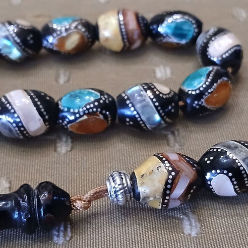 Yiousouri Worry Beads used with amber, mother-of-pearl and silver embroidery
