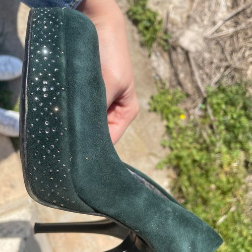 Cypress green pumps with rhinestones used, size 37