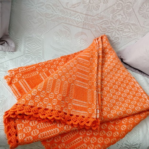 Handwoven caramel blanket with lace, like new