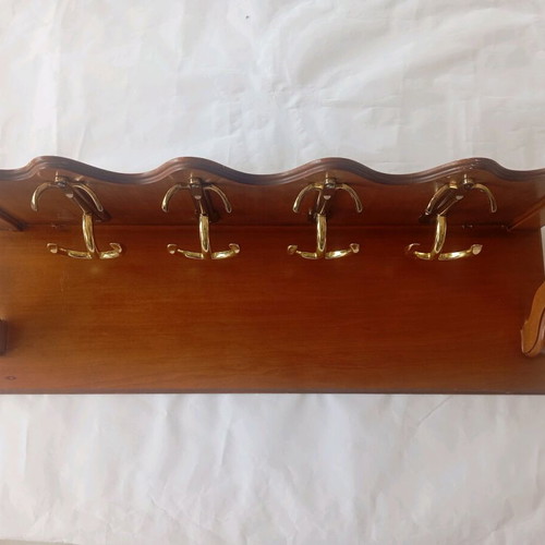 Wooden wall hanger used with shelf and 4 double hooks