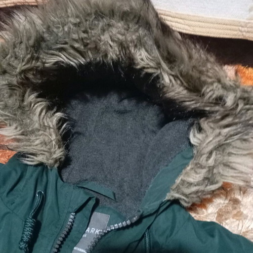 Khaki jacket with fur hood, size large, like new