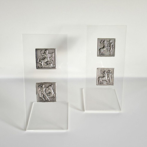 Set of 2 stands with 2 silver Parthenon sculpture depictions