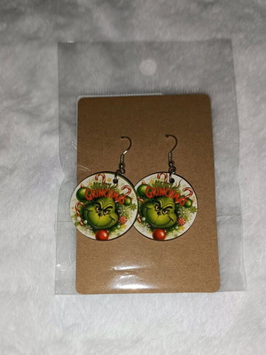 Grinch earrings new, Christmas round double-sided
