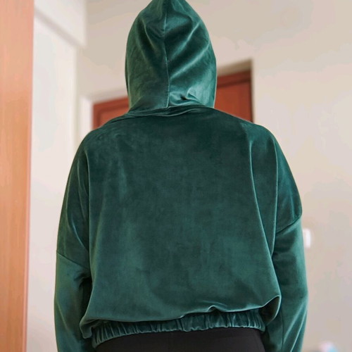 Hooded jacket like new, green, velour fabric, one size
