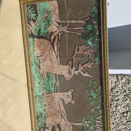 Goblen embroidery with frame and glass, used