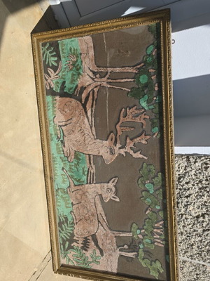 Goblen embroidery with frame and glass, used