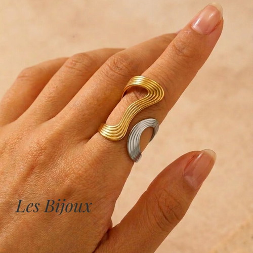 Two-Tone Stainless Steel Ring Gold Silver One Size Adjustable