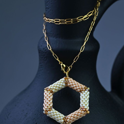 Delicate beige necklace with hexagonal pendant custom made