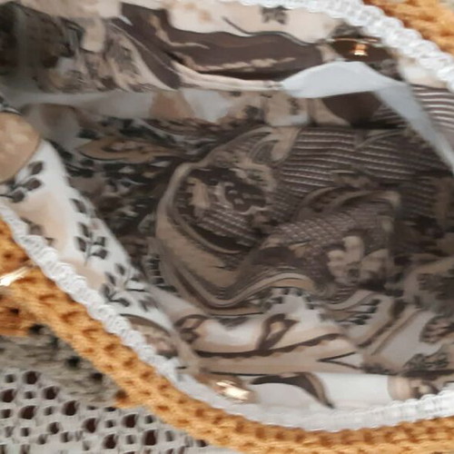 Crochet shoulder bag Aegean Bloom, camel and grey