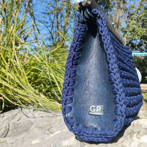 Knitted envelope bag new, blue with leather details