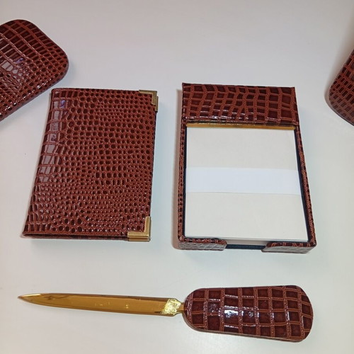 Luxury desk set in genuine leather, 6 pieces, croco print