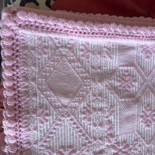 Wool woven blanket new with handmade lace edging pink