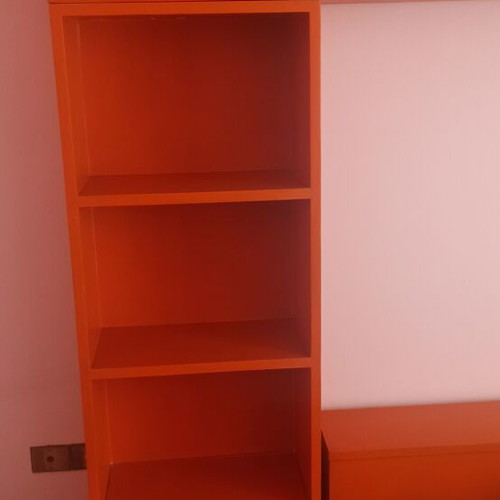 Wooden bedroom set with bed, mattress, nightstands, bookshelf, dresser with mirror