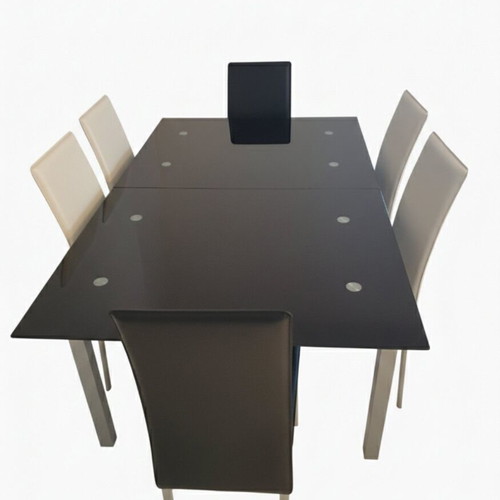 SATO dining set with extendable glass table and 6 leatherette chairs
