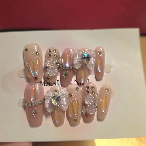 Embelished Press On Nails handmade double layered acrylic cat eye