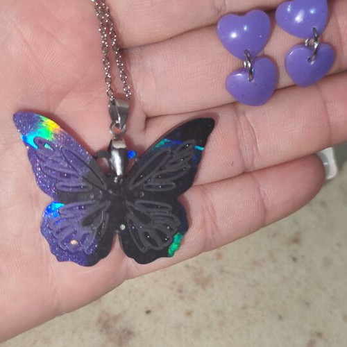 Handmade butterfly set with iridescent rainbow effect and heart earrings