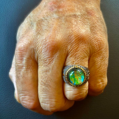 Chameleon Stone Gothic Ring new, stainless steel, green and gold