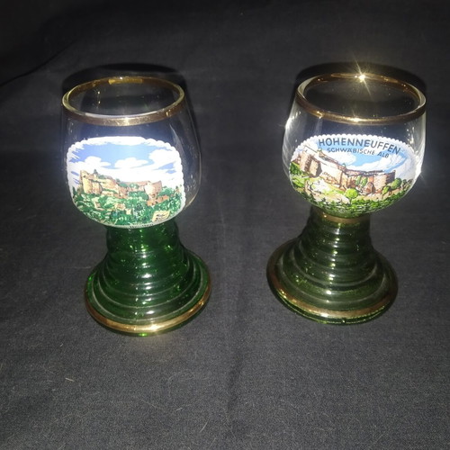 Vintage German Roemer shot glasses with Hohen-Neuffen castle design, set of 2