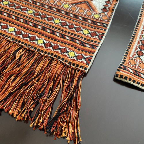Set of 3 vintage handmade embroidered runners with geometric design