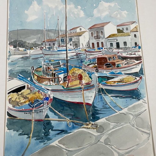 Watercolor by Giorgos Papadoperakis featuring Fishing Boats in passepartout