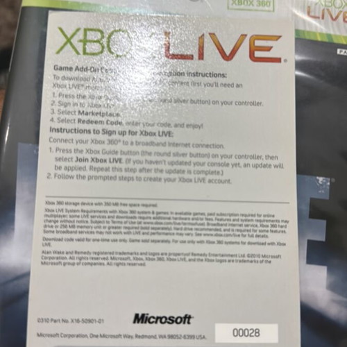 Alan Wake Xbox 360 game code, unused