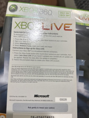 Alan Wake Xbox 360 game code, unused