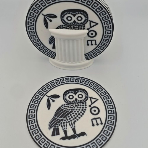 3D Printed Coaster Set Athens Owl 5 Pieces with Column Stand new