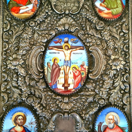 Russian Silver Handmade Gospel with Enamel Decoration and Heavy Cover