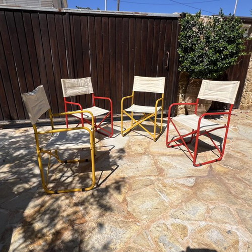Set of 4 folding canvas chairs, metal frame, yellow and red