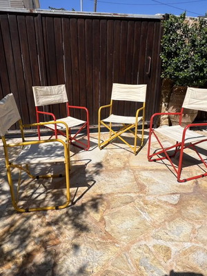 Set of 4 folding canvas chairs, metal frame, yellow and red