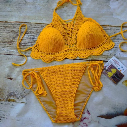 Handmade knitted swimsuit new, size M/L, yellow