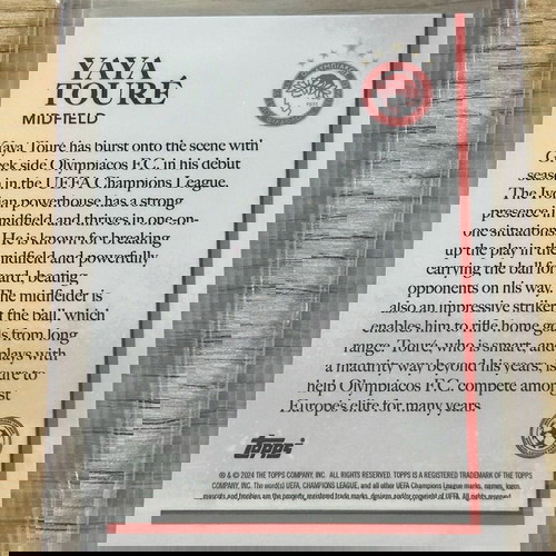 Αριθμημένη κάρτα Yaya Toure Rookie Champions League Ολυμπιακός 99/99 καινούργιο