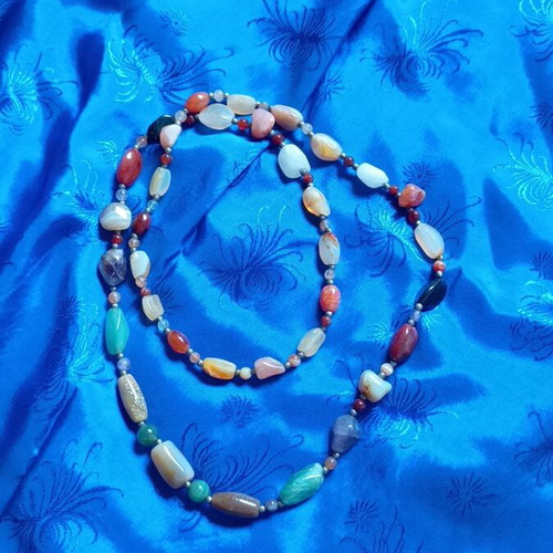 Long multicolor necklace with natural semiprecious stones used, boho style