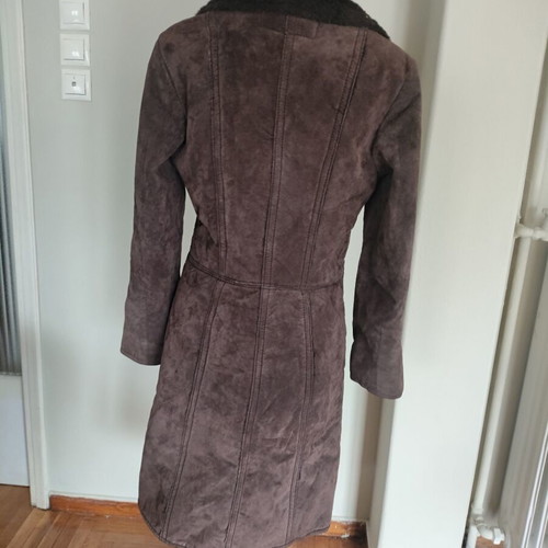 Zara brown long leather coat like new with synthetic fur lining
