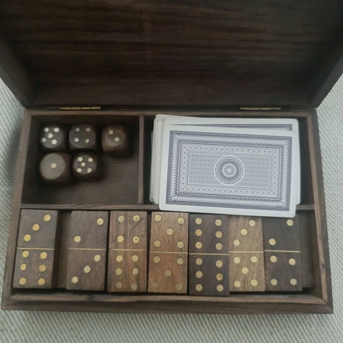 Vintage wooden case with dominoes, playing cards and dice like new