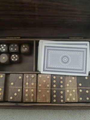 Vintage wooden case with dominoes, playing cards and dice like new