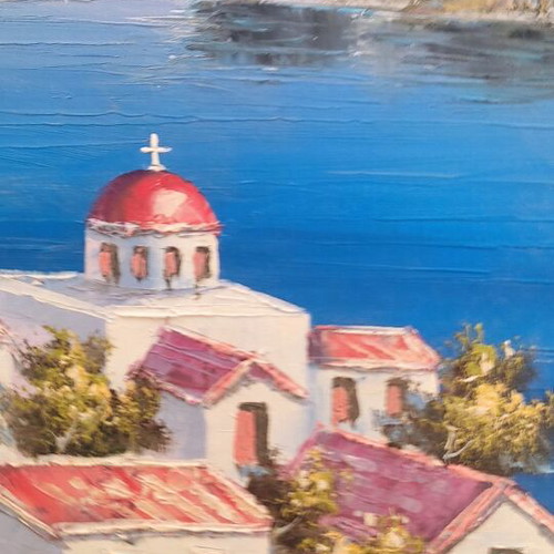 Billis oil painting like new, Greek island landscape on canvas