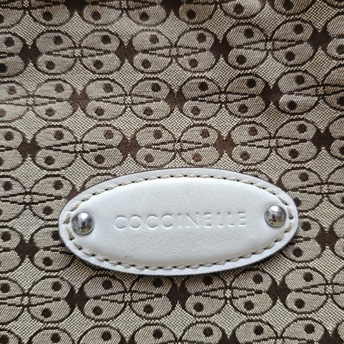 Coccinelle crossbody bag used, fabric and leather, beige and brown