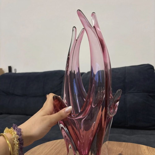 Josef Hospodka for Chřibská Pink Art Glass Basket Vase 1960s like new