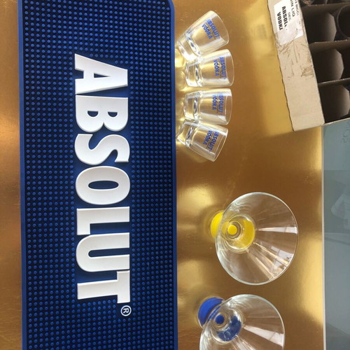 Absolut coaster large flexible with 12 shot glasses and 2 vodka glasses new