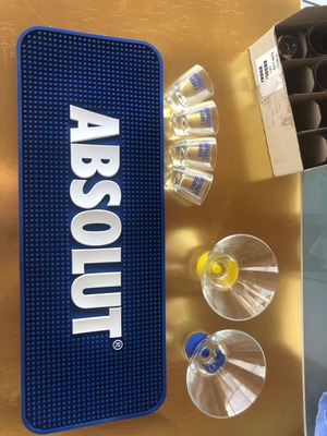Absolut coaster large flexible with 12 shot glasses and 2 vodka glasses new