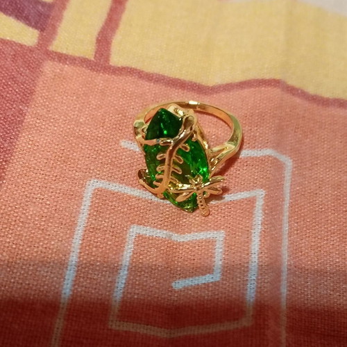 Dragonfly ring new with large green zircon and yellow gold plating