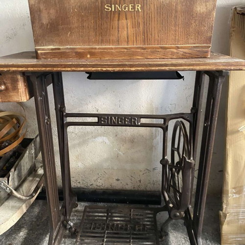 Singer Vintage Sewing Machine with Authentic Treadle Base and Wooden Cabinet used