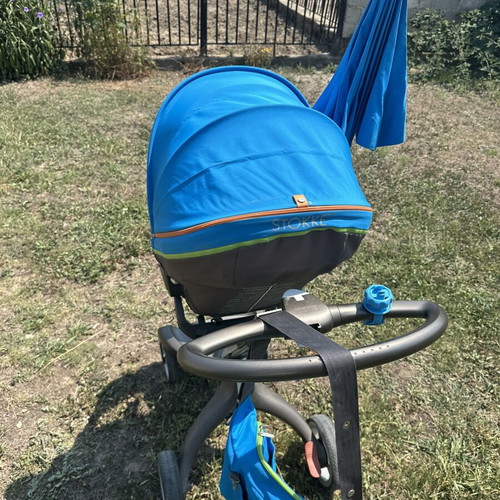 Stokke Xplory baby stroller blue with bag and umbrella