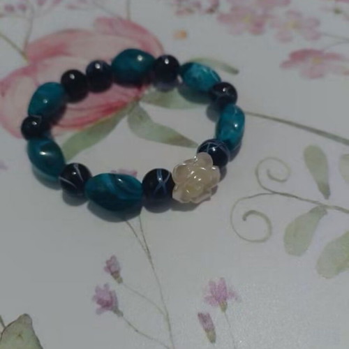 Bracelet with pearl rose, handmade, blue and white