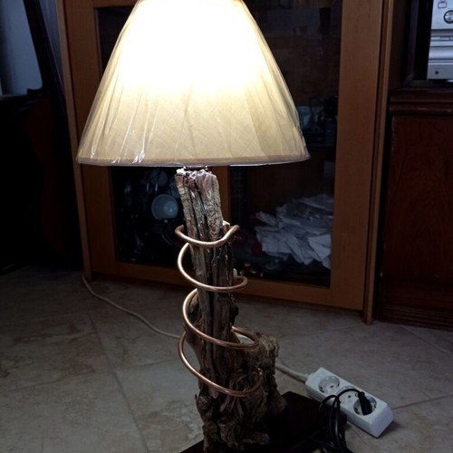 Handmade Driftwood Table Lamp with Copper Spiral and New Lampshade