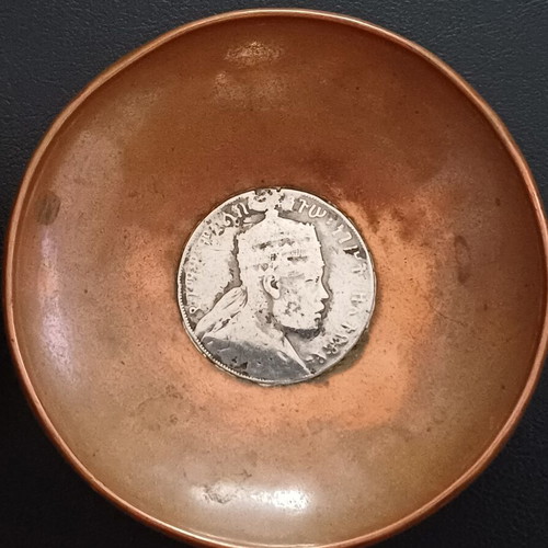 Vintage copper bowls set of 2 with silver 1 Birr coins Ethiopia Menelik II