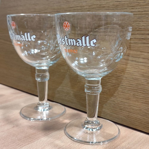 Westmalle Trappist beer set of two promotional stemmed glasses 330ml new